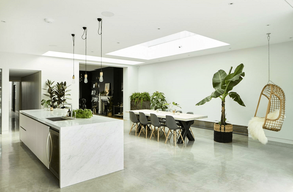 marbled kitchen and dining area