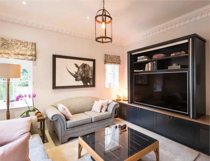 Charming living room with a grey sofa, black entertainment cabinet, glass coffee table, and a framed rhino artwork under warm pendant lighting