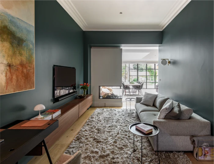 Luxurious living room with deep green walls, a cozy grey sofa, shaggy rug, modern fireplace, and large glass doors leading to a bright dining area.