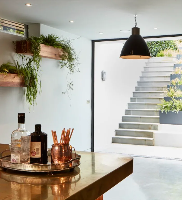 Contemporary basement with brass countertop, hanging greenery, and steps leading to an outdoor garden area.