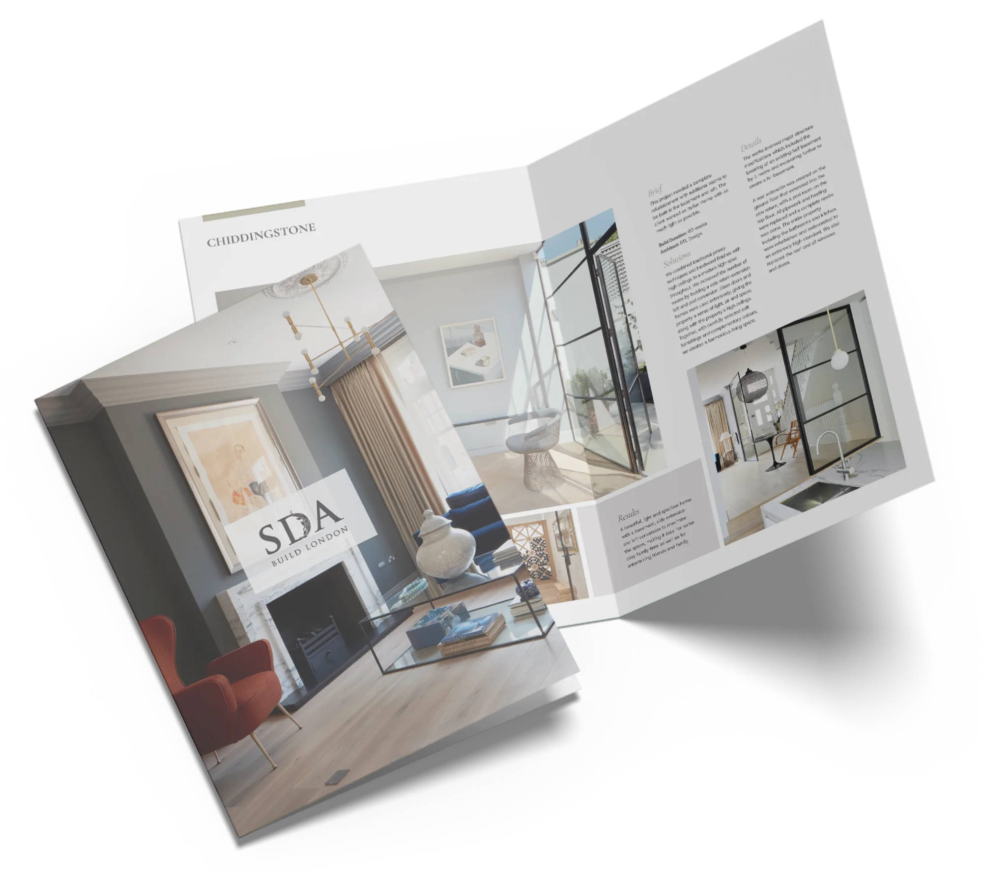 Open and closed brochure mockup showcasing modern interior design with stylish rooms and elegant layouts.