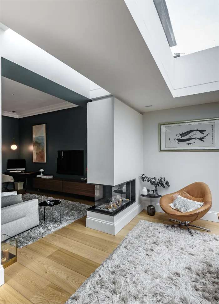 Modern living area with skylight, cozy fireplace, and stylish furnishings on a fluffy rug.